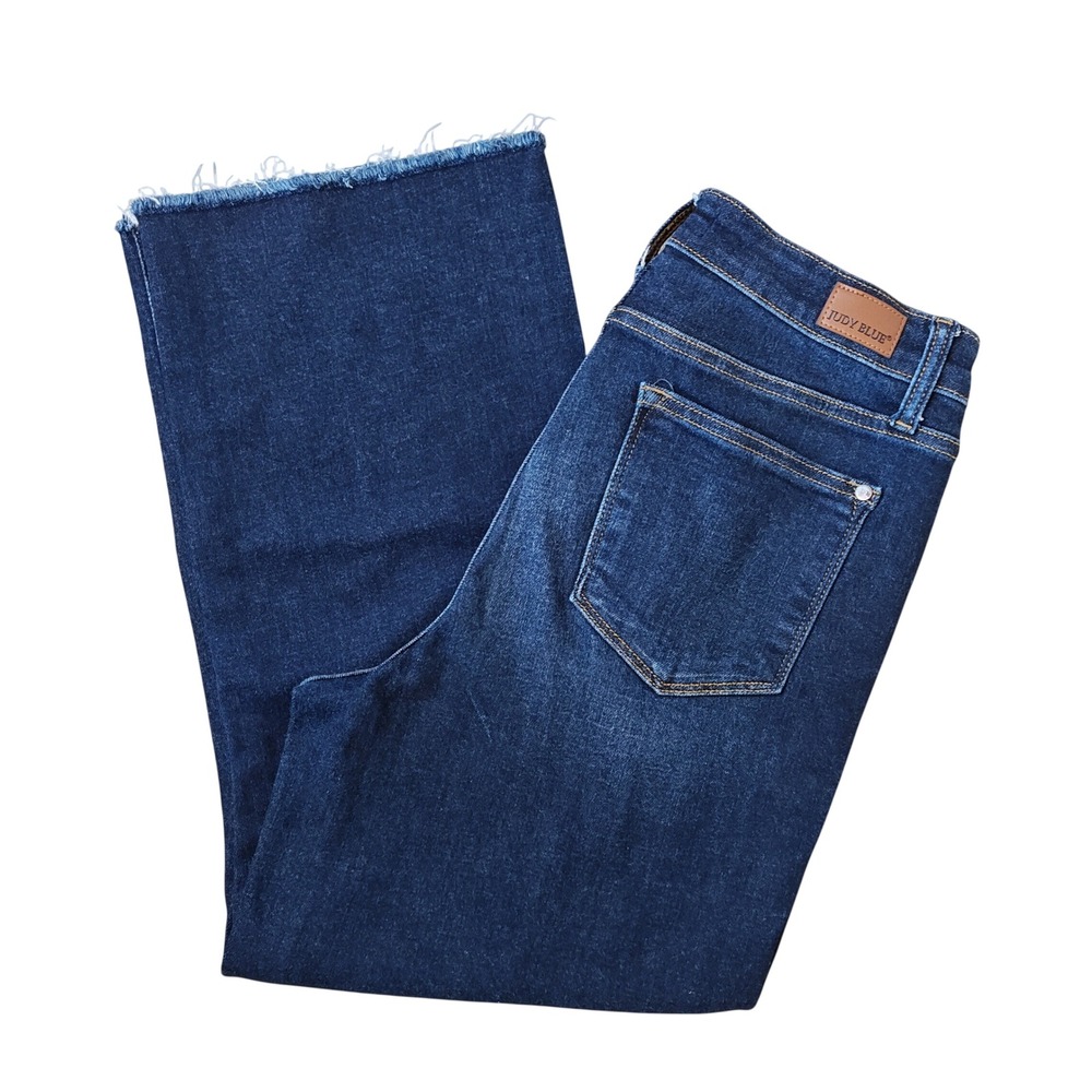 Judy Blue Wide Leg Jeans Womens 9/29 Dark Wash Raw Hem High Rise JB82517DK - Picture 1 of 12